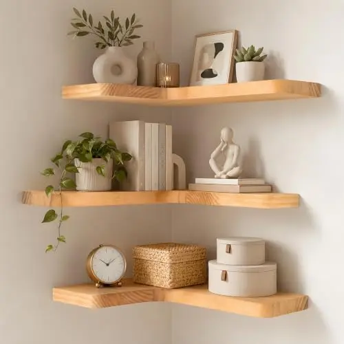 Floating Corner Shelves Solid Pinewood Wall Mounted Shelf