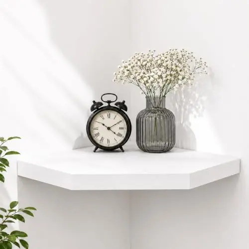 Floating Corner Wall Shelf, White MDF Display Shelf with Cable Management