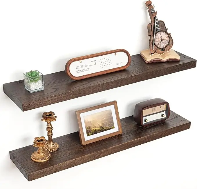Floating Shelves for Wall Decor, 8 Inch Deep Rustic Solid Elm Wood Floating