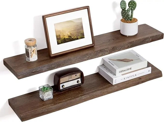 Floating Shelves for Wall Decor, Rustic Solid Elm Wood Live Edge Floating