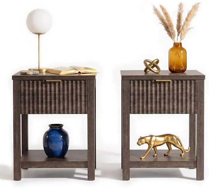 Fluted Night Stand with Golden Handle, Bedside Table with Storage Shelf