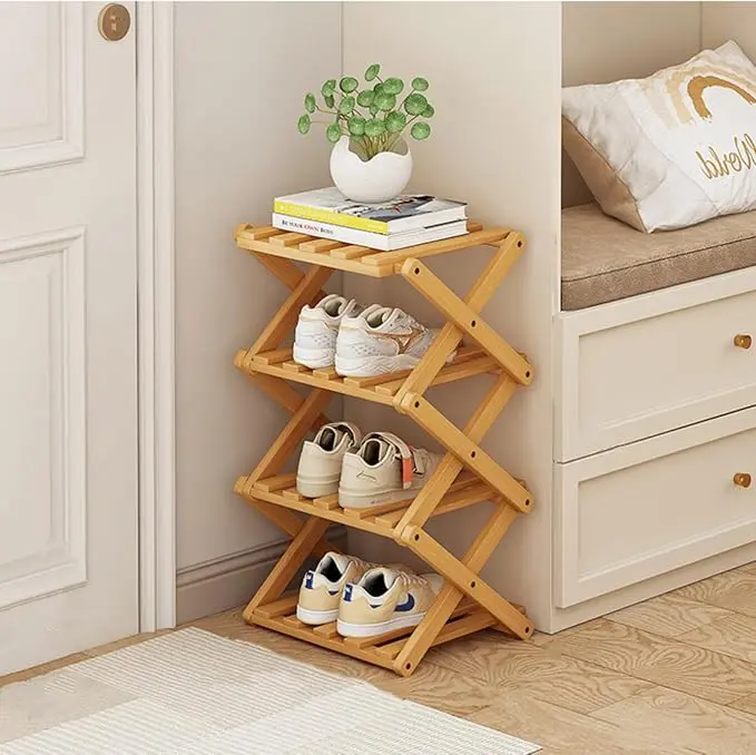 Foldable Shoe Rack, Bamboo Vertical Shoe Organizer Tall