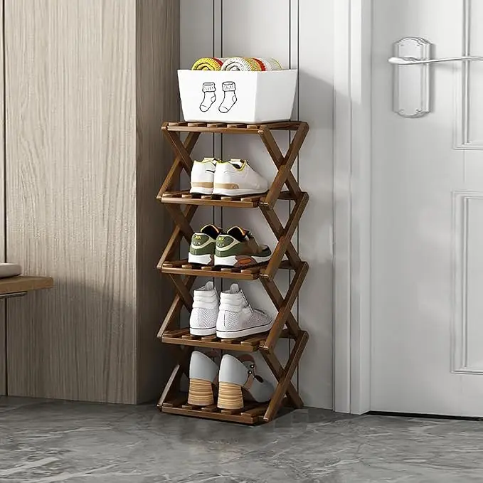 Foldable Shoe Rack, Bamboo Vertical Shoe Organizer Tall