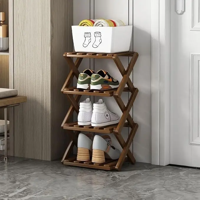 Foldable Shoe Rack, Bamboo Vertical Shoe Organizer Tall
