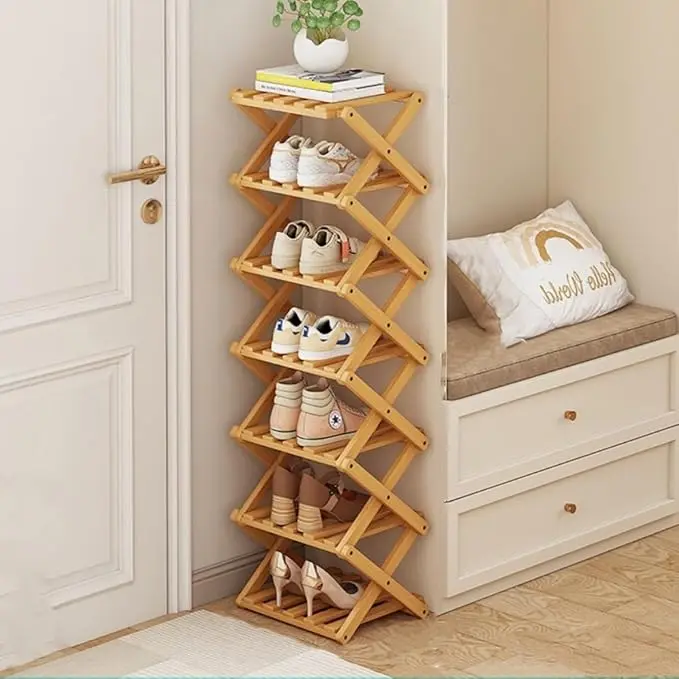 Foldable Shoe Rack, Bamboo Vertical Shoe Organizer Tall