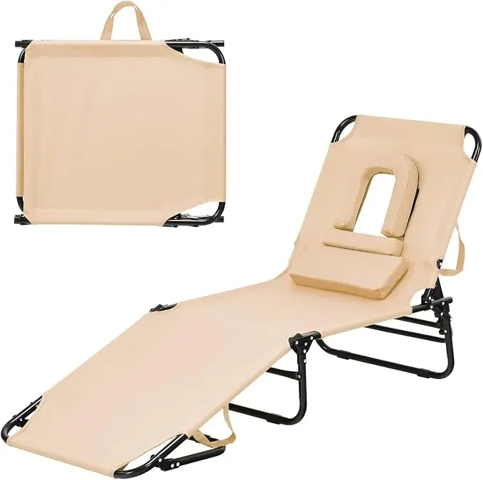 Folding Beach Lounge Chair w/ 5 Adjutable Backrest & Padded Pillow, Sunbathing