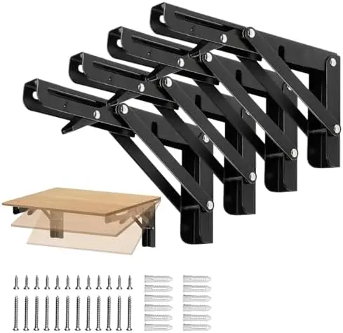 Folding Shelf Brackets 8 inch Foldable Shelf Bracket Heavy Duty Collapsible Shelf Brackets DIY Wall Mounted Fold Down Table Bracket Space-Saving for Benches Workstation (4PC, Max.Load 133 lbs)