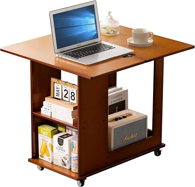 Folding Side Table with Storage Shelf, Space Saving Bamboo End Table with