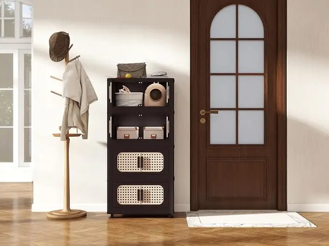 Folding Storage Cabinet with Wheels, 5-Tier Narrow Retro Brown Storage Tower