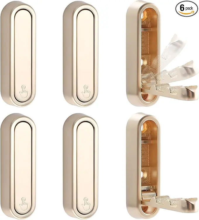 Folding Wall Hooks, 6pcs Foldable Coat Hooks, Heavy Duty Folding Hook for Hanging Coats Towel Hat Backpack, Gold