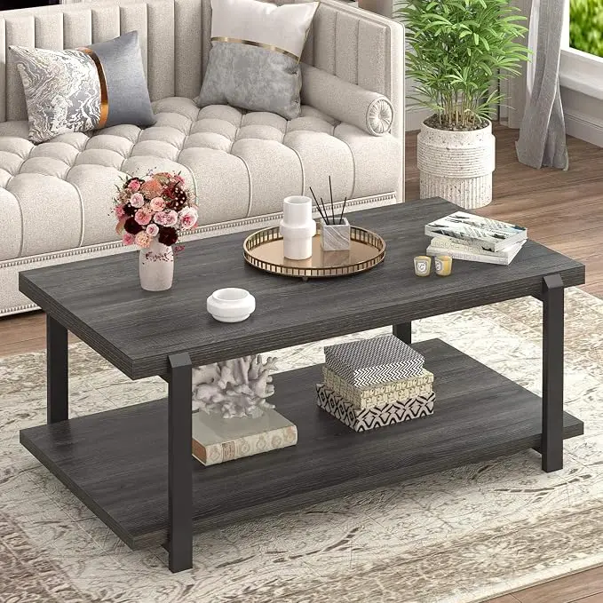 FOLUBAN Modern Coffee Table, Rustic Wood Center Table