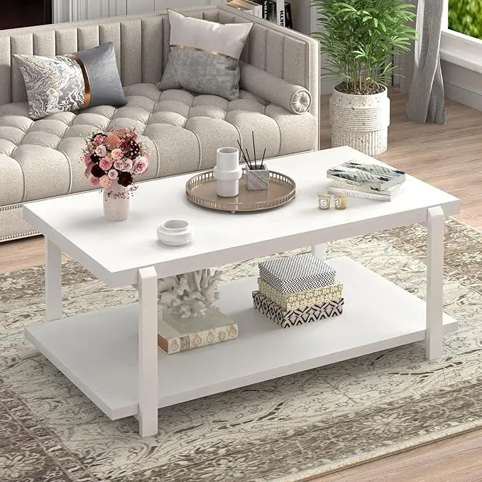 FOLUBAN White Coffee Table, Modern Rustic Wood and Metal Center Table