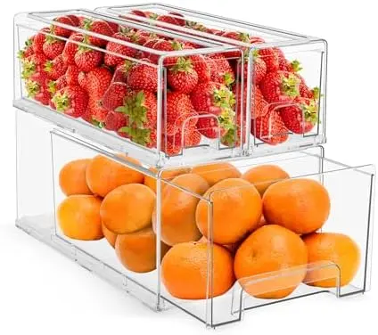 Fridge Drawers - Clear Stackable Pull Out Refrigerator Organizer Bins - Food Storage Containers for Kitchen, Freezer, Vanity & Fridge (3 Pack | 1 Large, 2 Small Stackable Drawer Bins)