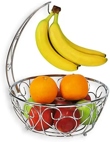 Fruit Basket Bowl with Banana Tree Hanger, Chrome Finish