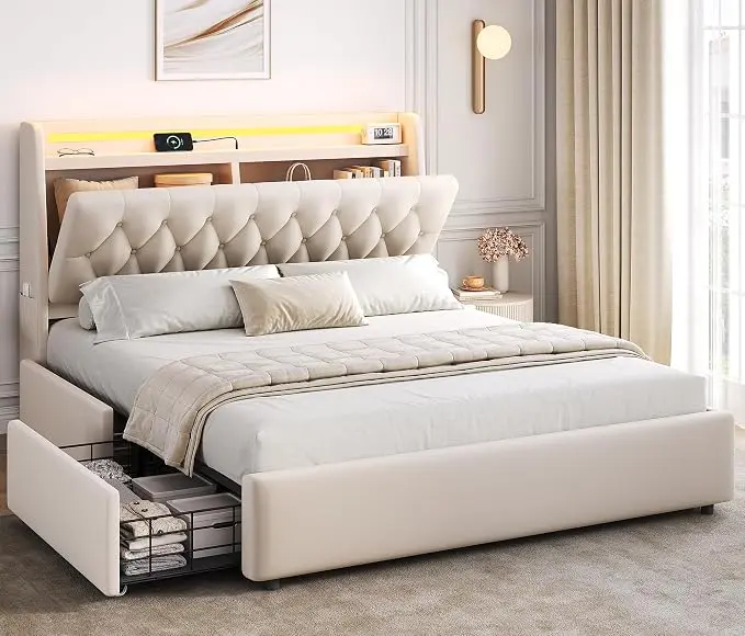 Full LED Velvet Bed Frame with 2 Storage Drawers&Hidden Headboard, Upholstered