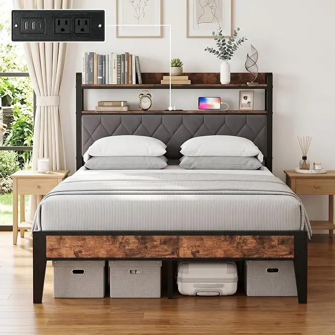 Full Size Bed Frame with Dual-Layer Headboard and Footboard, Bed Frame Full