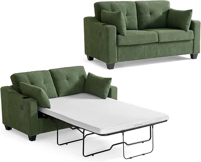 Full Size Pull Out Sleeper Sofa Bed, 2-in-1 Convertible Corduroy Pull Out Couch