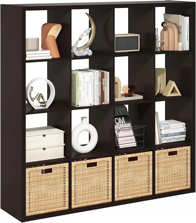 Furinno Cubicle Book Shelf, 16-Cube Bookshelf, Extra Thick Frame Reversible