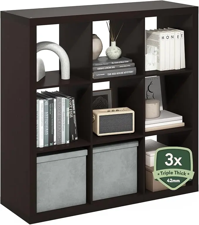 Furinno Cubicle Book Shelf, 9-Cube Bookshelf, Triple Thick Frame Cube Storage