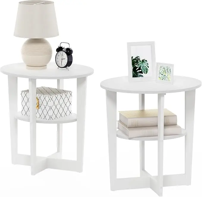 Furinno JAYA Side Table Set of 2, 2-Tier Round Modern End Table