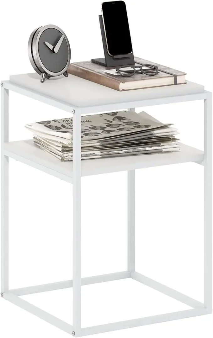 Furinno Moretti Side Table, 2-Tier Stackable Metal Frame End Table with Open Shelf, Night Stand, Bedside Table, Toolless Assembly, for Living Room, Bedroom, Solid White