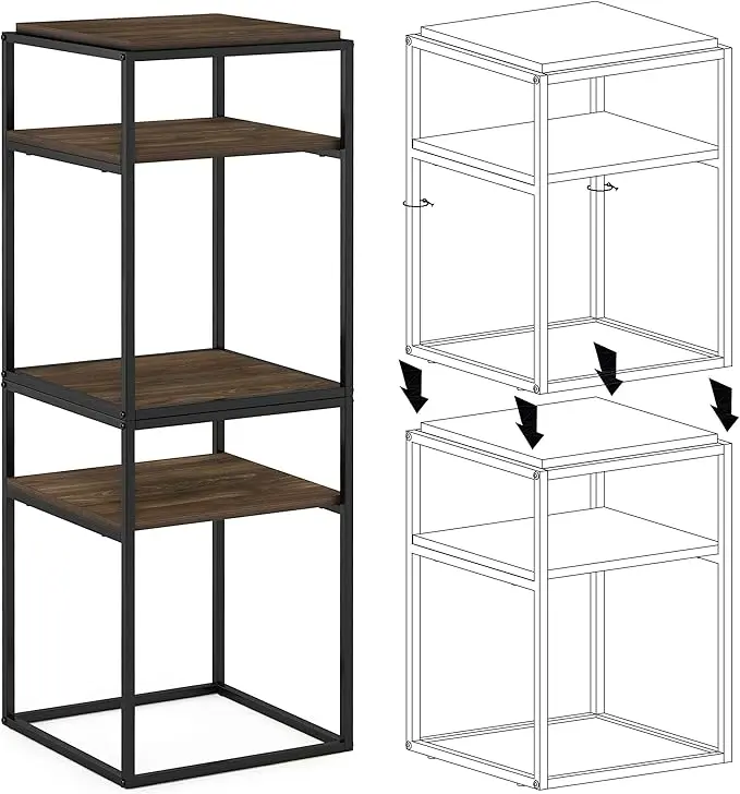 Furinno Simplistic End Side Night Stand/Bedside Table with Stainless Steel Tubes, Stackable Metal Frame, Columbia Walnut