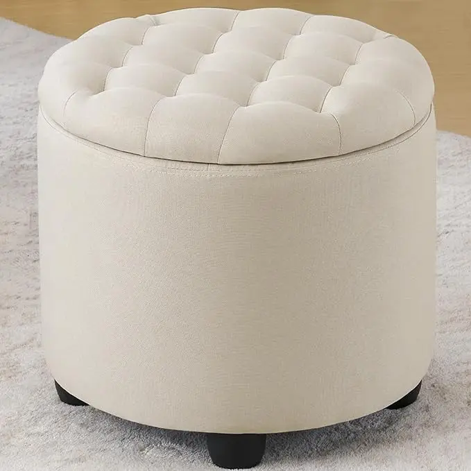 Furniliving Modern Round Storage Ottoman, Button Tufted Ottoman Foot Stools
