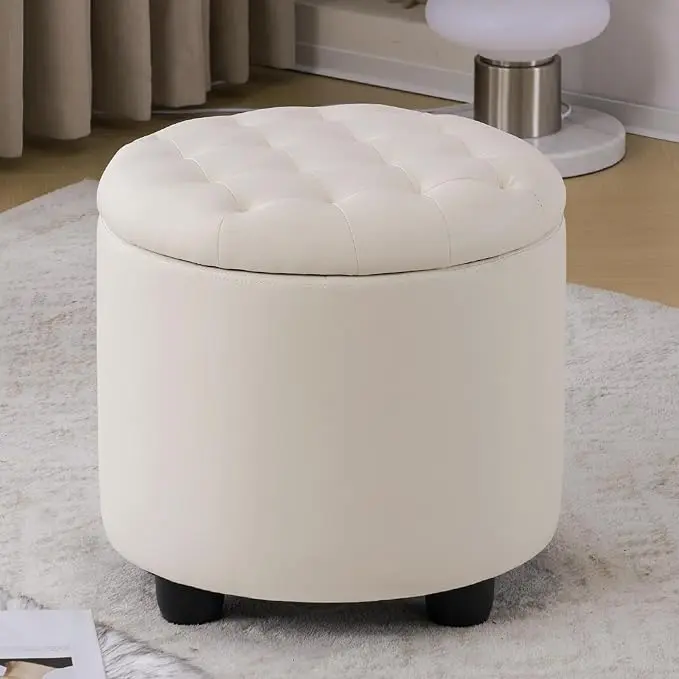 Furniliving Upholstered Button Tufted Round Ottoman, PU Storage Ottoman Round