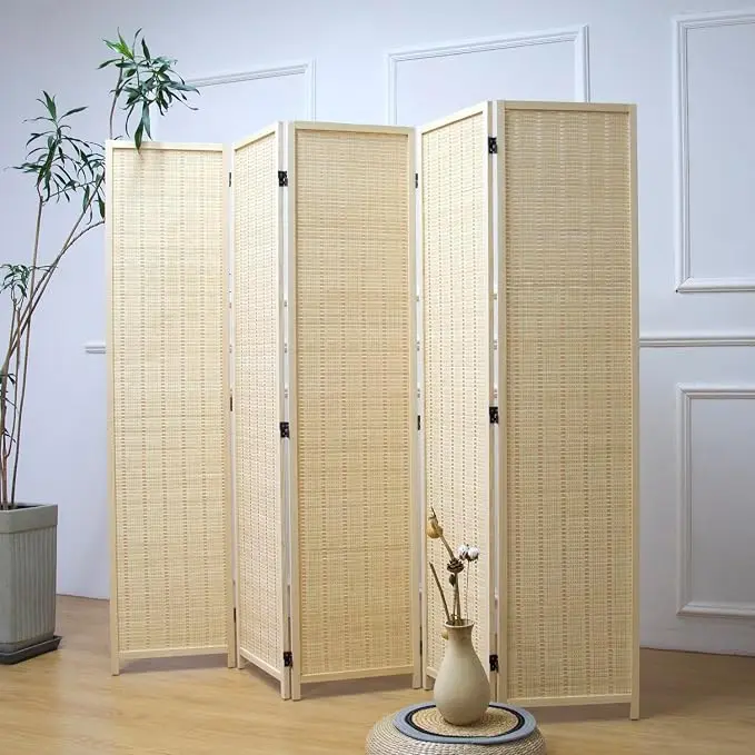 Furnnylane 5 Panel Bamboo Room Divider – 5.6 ft Tall Folding Privacy Screen