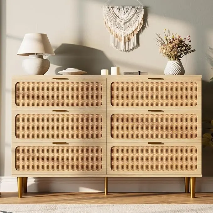 GarveeHome Rattan 6 Drawer Dresser