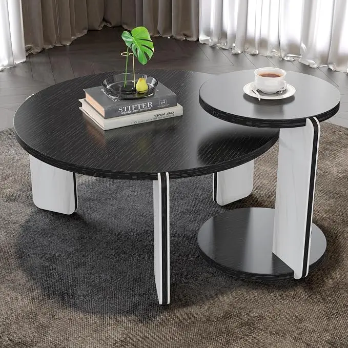 GDFStudio Round Nesting Coffee Table Set of 2, Modern Wooden Accent Side Table