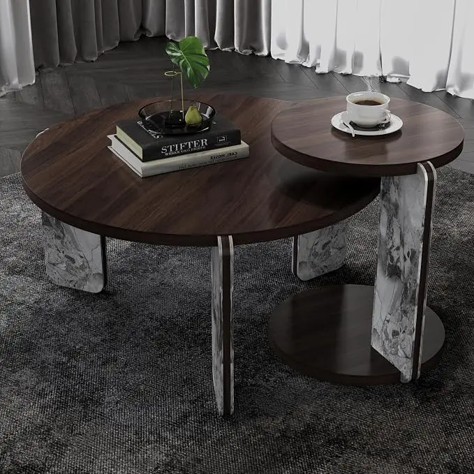 GDFStudio Round Nesting Coffee Table Set of 2, Modern Wooden Accent Side Table