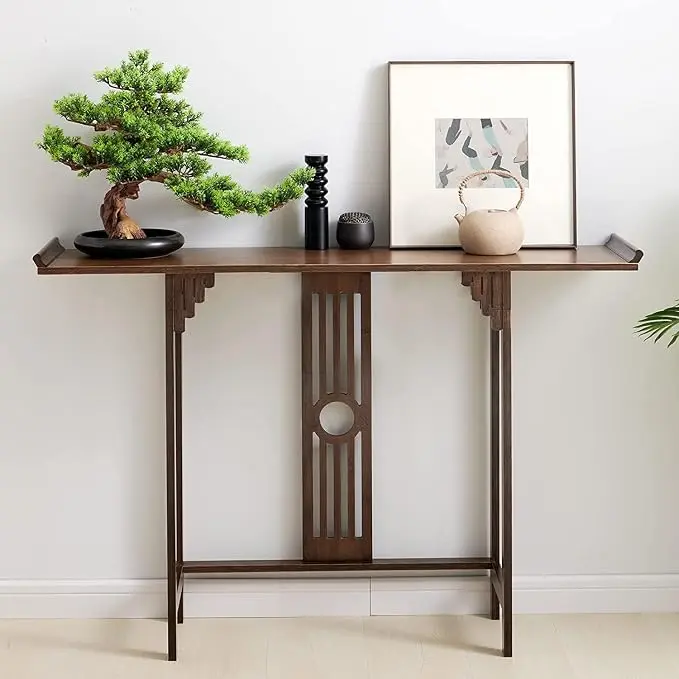 Gdrasuya10 40 inch Walnut Bamboo Console Sofa Table, Vintage Sofa Table Narrow