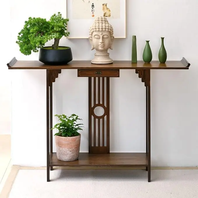 Gdrasuya10 Japanese Style Console Sofa Table, Walnut Bamboo Console Table