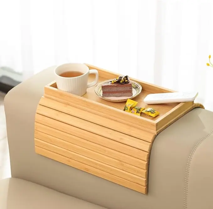 GEHE Bamboo Sofa Arm Tray, Foldable Couch Arm Tray Side Table, Anti-Falling