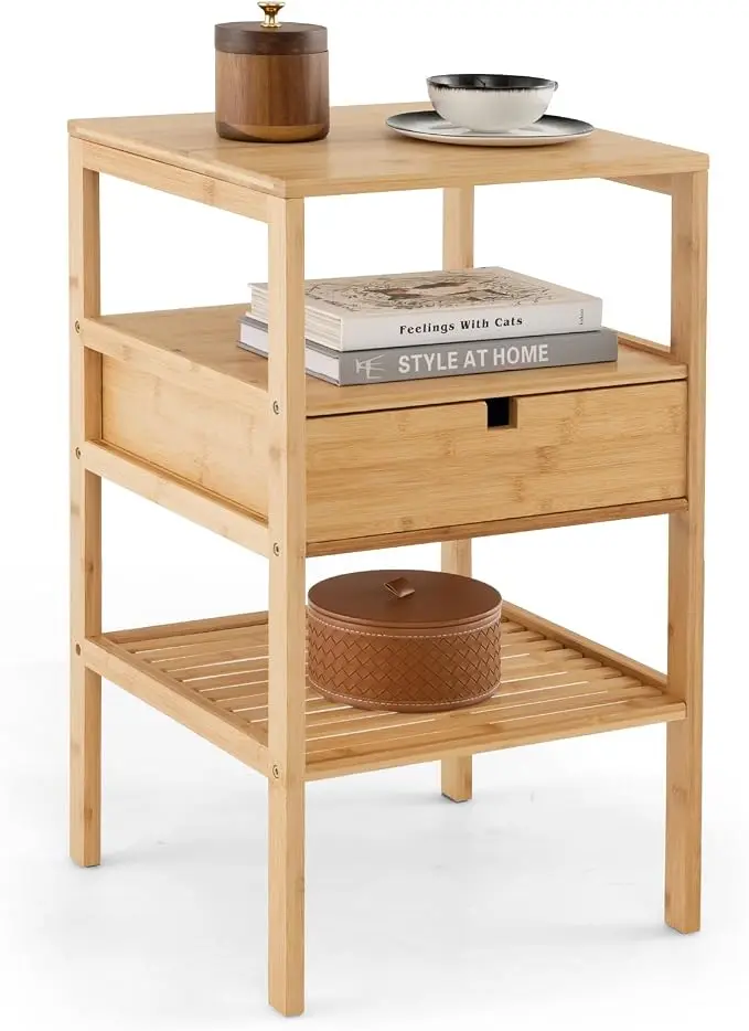 Giantex Bamboo Nightstand, Wood Side Table