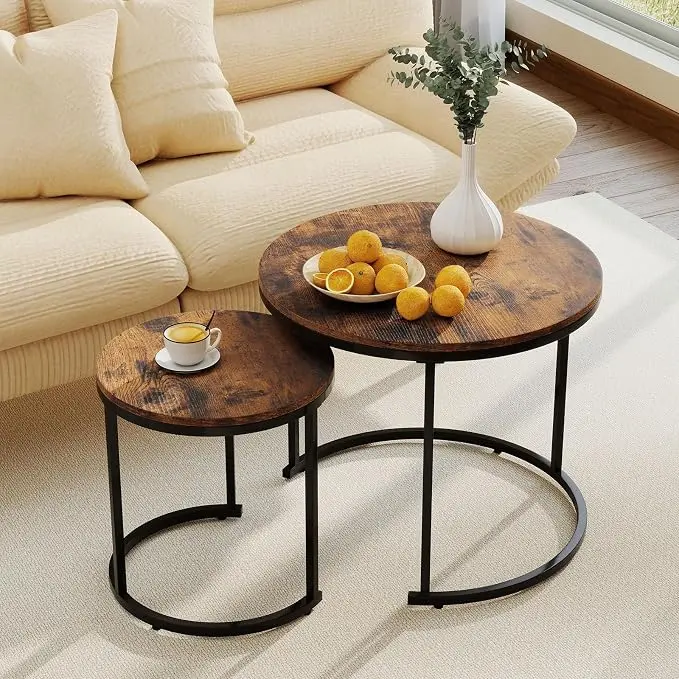 Giantex Nesting Coffee Table Set of 2, Round Stacking Side Tables w/Wooden