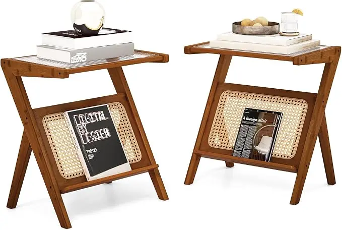 Giantex Rattan Side Table, Boho Nightstand