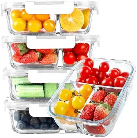 Glass Meal Prep Containers 3 Compartments, 5 Pack 36 oz, White