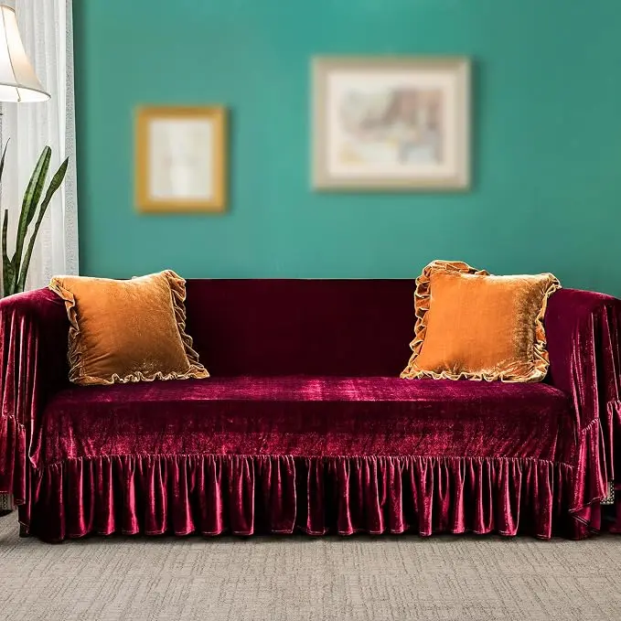 GLORY SEASON Velvet Sofa Cover Soft Decorative Luxurious Solid Exquisite Ruffle