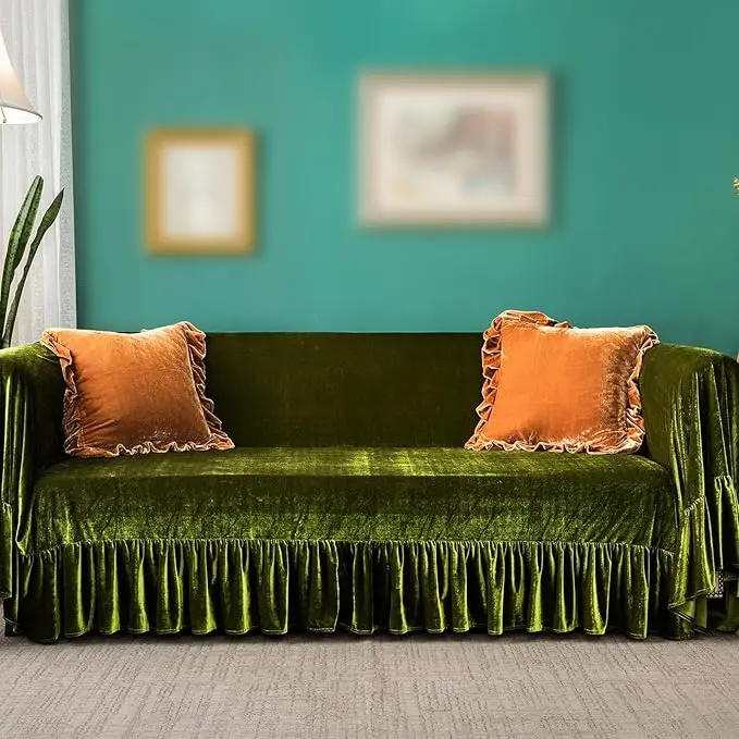 GLORY SEASON Velvet Sofa Cover Soft Decorative Luxurious Solid Exquisite Ruffle