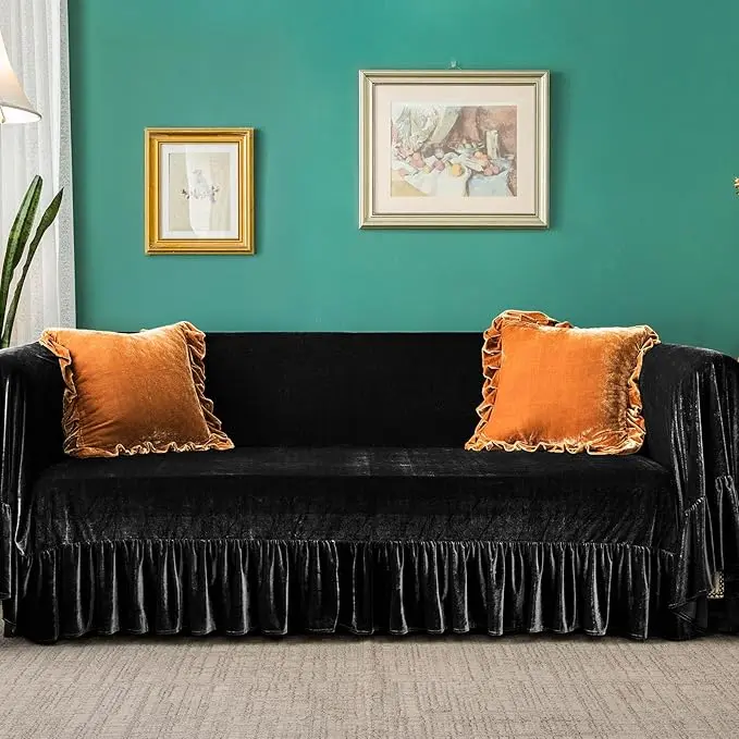 GLORY SEASON Velvet Sofa Cover Soft Decorative Luxurious Solid Exquisite Ruffle