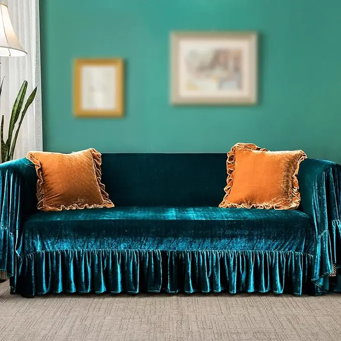 GLORY SEASON Velvet Sofa Cover Soft Decorative Luxurious Solid Exquisite Ruffle