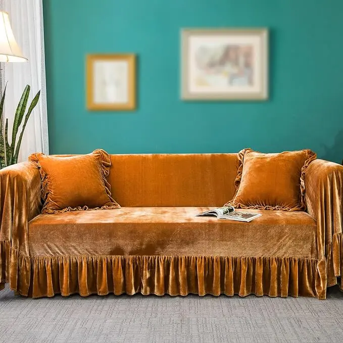 GLORY SEASON Velvet Sofa Cover Soft Decorative Luxurious Solid Exquisite Ruffle