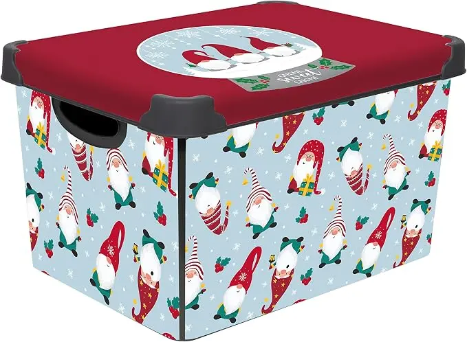 “Gnome Sweet Gnome" Design Storage Bin | Christmas Tote | Holiday Décor Decorations Organizer | Lidded | Stackable | White