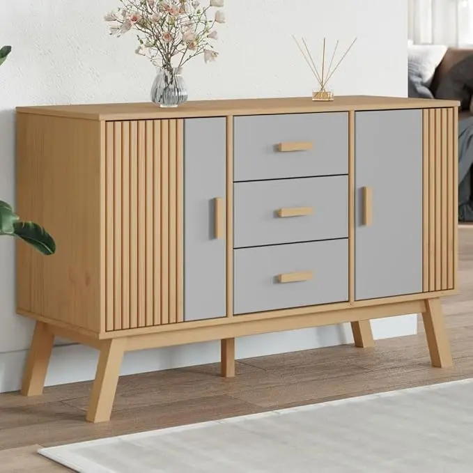 Grey and Brown Sideboard with 3 Drawers and 2 Cabinets Solid Pine Wood