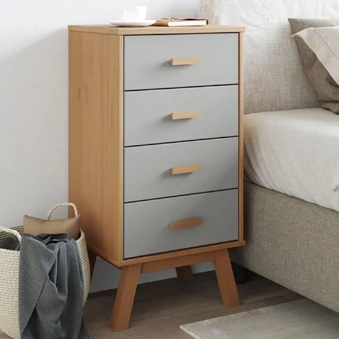 Grey and Brown Solid Pine Wood Bedside Cabinet