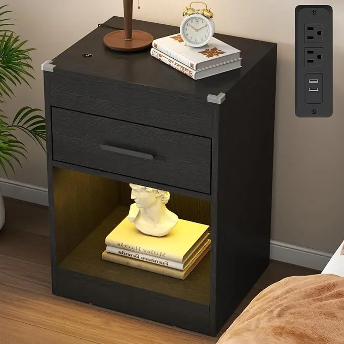 Gyfimoie Led Night Stand with Charging Station & RFID Lock Cabinet, Smart