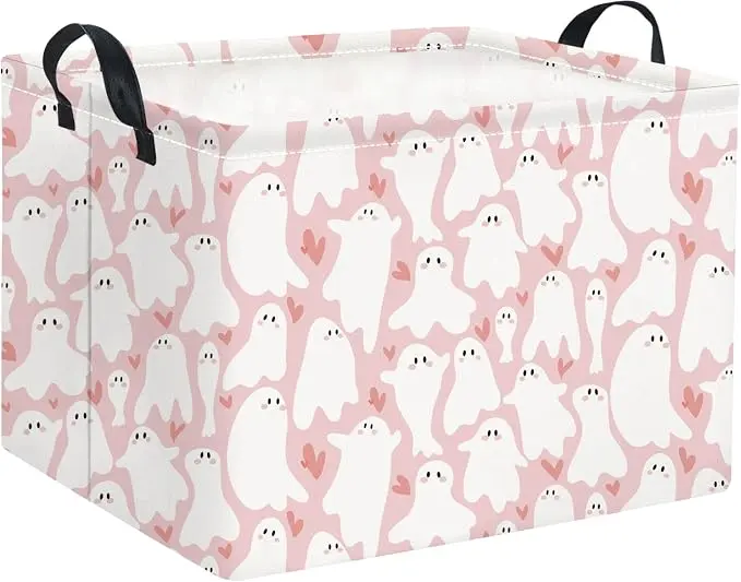 Halloween Basket Cute Baskets for Kids Pumpkin Basket Rectangular Storage Bin Organizer Box Room Decor(Pink Cute Ghost)