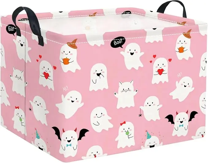 Halloween Basket Cute Baskets for Kids Pumpkin Basket Rectangular Storage Bin Organizer Box Room Decor(Pink Ghosts)